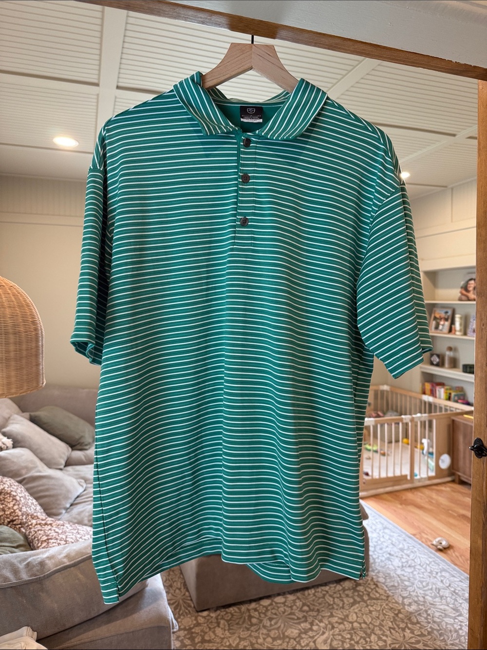 Nike Teal Green and White Striped Polo